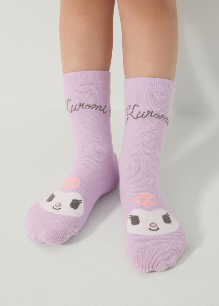 Kuromi Series．Girls Mid Calf Socks（Pink Purple-Kuromi with Bow）