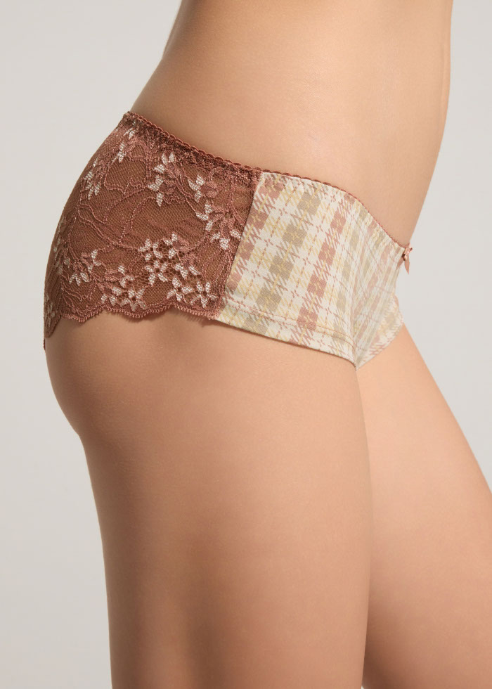 Souvenir．Mid Rise Cotton Floral Lace Back Hipster Panty（Tartan Check - Two Tone Lace）