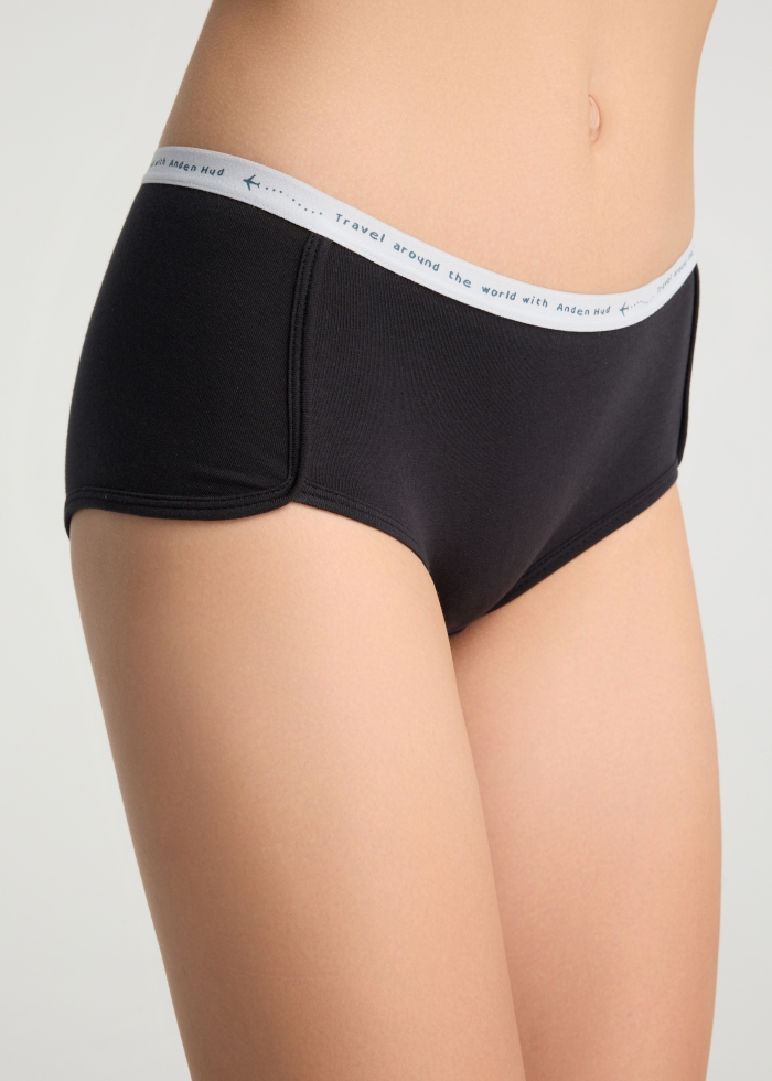 Travel memories．Mid Rise Cotton Shortie Panty（Black - Travel Print Waistband）