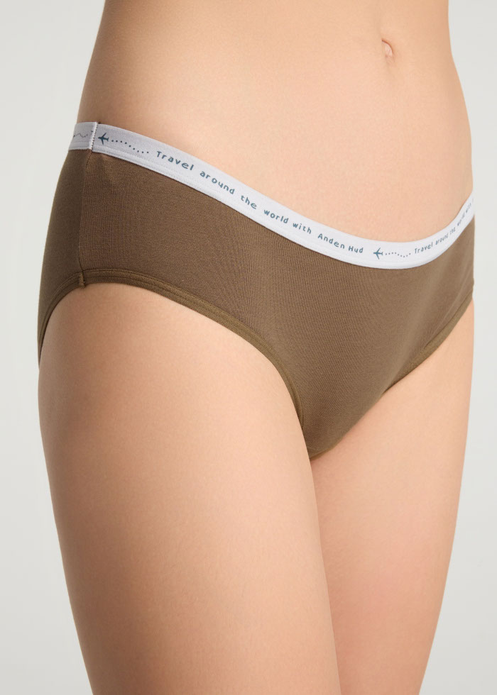 Travel memories．Mid Rise Cotton Brief Panty（Rain Drum - Travel Print Waistband）