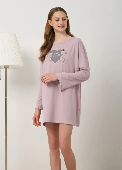 連身_秋日晴空．傘狀密拷長袖罩杯睡衣(多維爾粉-愛心熊)