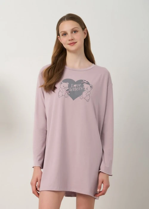 連身_秋日晴空．傘狀密拷長袖罩杯睡衣(多維爾粉-愛心熊)