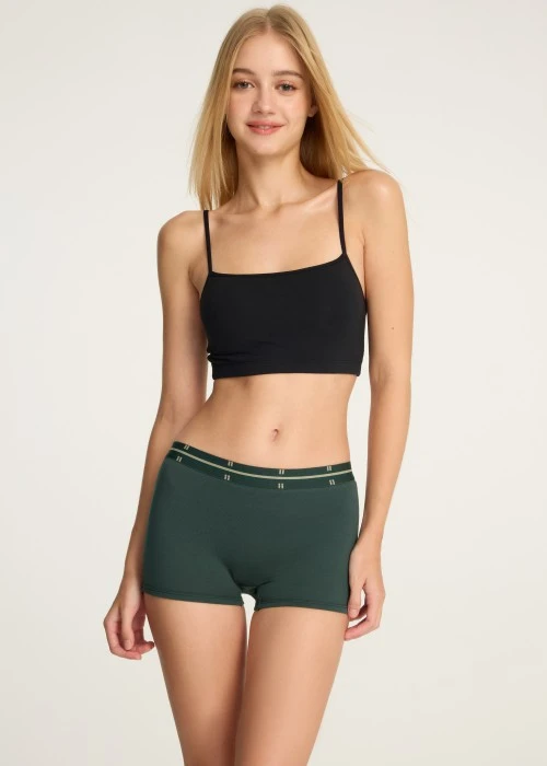 秋日呢喃．長版高腰平口內褲（森綠-緊帶斜格綠底）