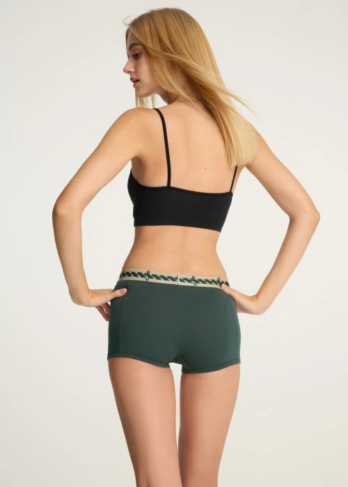 秋日呢喃．長版高腰平口內褲(森綠-緊帶斜格棕底)