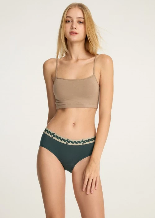 秋日呢喃．寬版緊帶中腰三角內褲（森綠-緊帶斜格棕底）