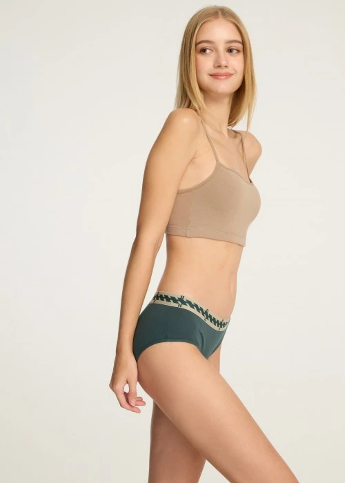 秋日呢喃．寬版緊帶中腰三角內褲(森綠-緊帶斜格棕底)