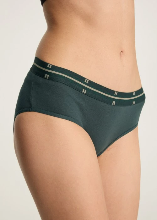 秋日呢喃．寬版緊帶中腰三角內褲（森綠-緊帶斜格綠底）
