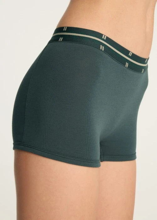 秋日呢喃．長版高腰平口內褲(森綠-緊帶斜格棕底)