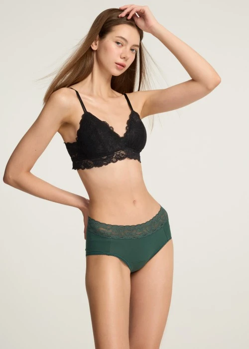 XXL Classic．High Rise Cotton Lace Waist Period Brief Panty(Pine Grove)