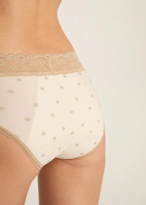 Fortune．Mid Rise Cotton Lace Waist Period Brief Panty(Monogram Dust)