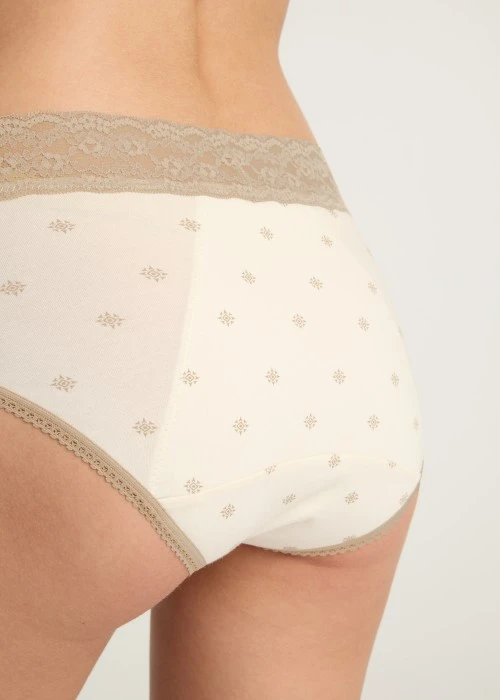 Fortune．High Rise Cotton Lace Waist Period Brief Panty(Monogram Dust)