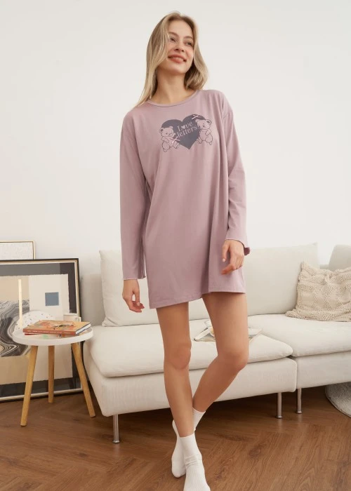 連身_秋日晴空．傘狀密拷長袖罩杯睡衣(多維爾粉-愛心熊)