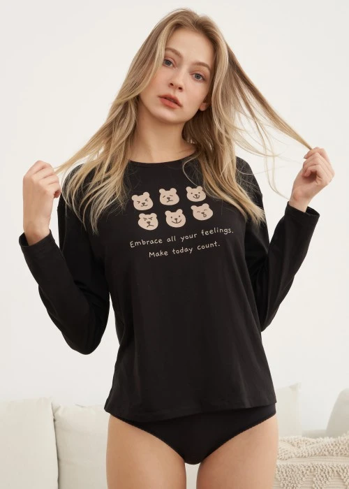 上衣_秋日晴空．落肩長袖居家罩杯睡衣（黑色-表情熊熊）