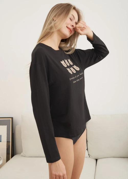 上衣_秋日晴空．落肩長袖居家罩杯睡衣(人魚粉紫-貓咪日)