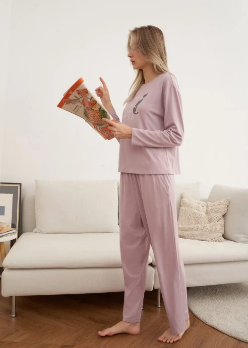 上衣_秋日晴空．落肩長袖居家罩杯睡衣(人魚粉紫-貓咪日)