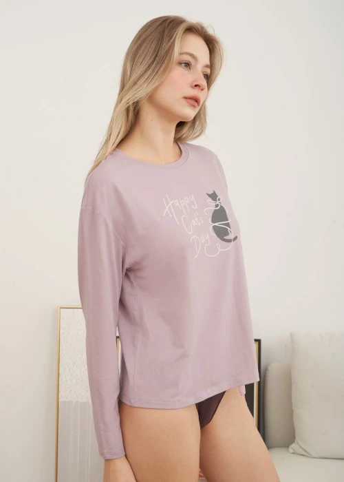 上衣_秋日晴空．落肩長袖居家罩杯睡衣(人魚粉紫-貓咪日)