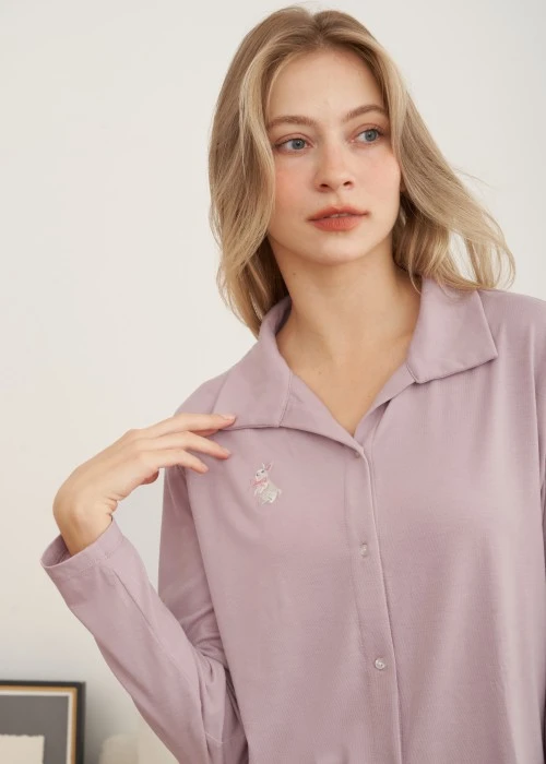 上衣_秋日晴空．襯衫式長袖睡衣（人魚粉紫-刺繡兔兔）