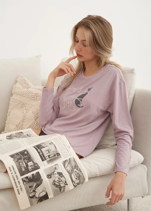 上衣_秋日晴空．落肩長袖居家罩杯睡衣(人魚粉紫-貓咪日)