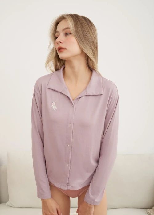 上衣_秋日晴空．襯衫式長袖睡衣(人魚粉紫-刺繡兔兔)