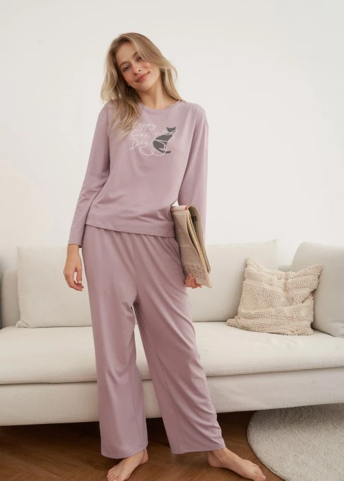 上衣_秋日晴空．落肩長袖居家罩杯睡衣(人魚粉紫-貓咪日)