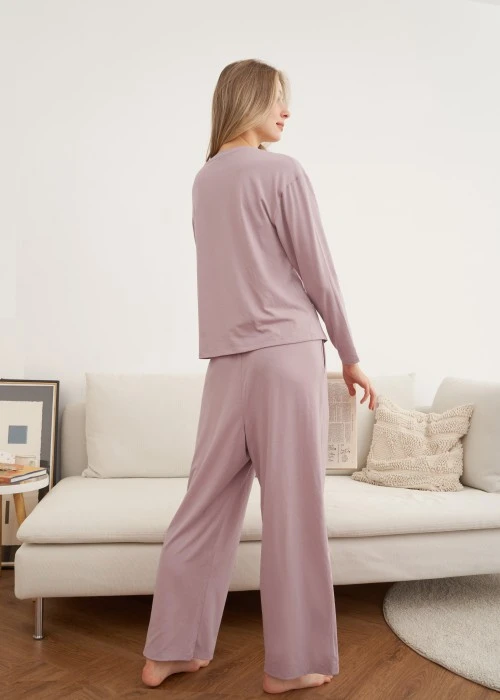 上衣_秋日晴空．落肩長袖居家罩杯睡衣(人魚粉紫-貓咪日)