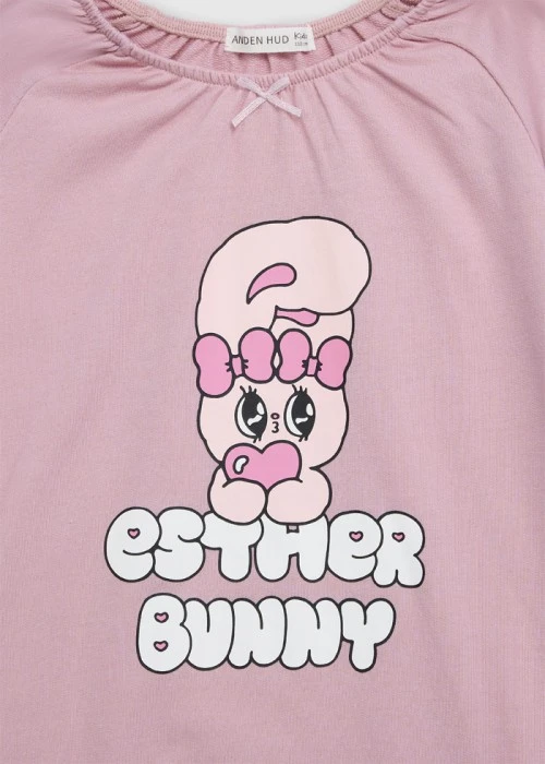 兒童連身_艾絲樂小兔系列．拉格蘭袖長袖束口睡衣（微風粉-抱愛心）