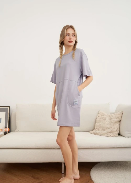 連身_艾絲樂小兔系列．五分袖圓領口袋睡衣（泡泡紫-加油）