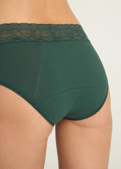 Classic．Mid Rise Cotton Lace Waist Period Brief Panty(Pine Grove)