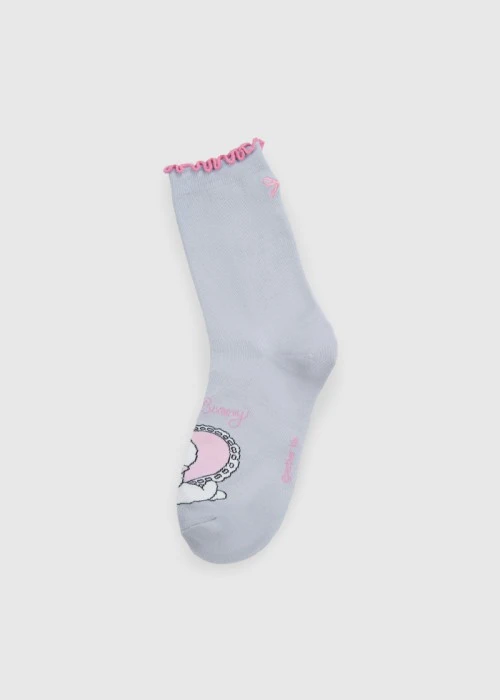 艾絲樂小兔系列．捲邊刺繡中筒襪(粉紅-粉兔Logo)