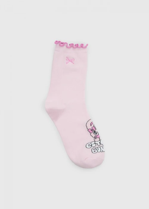 艾絲樂小兔系列．捲邊刺繡中筒襪(粉紅-粉兔Logo)