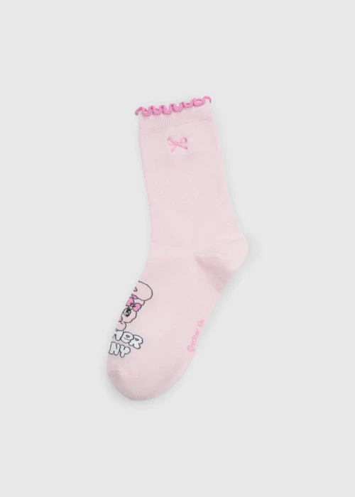 艾絲樂小兔系列．捲邊刺繡中筒襪(粉紅-粉兔Logo)