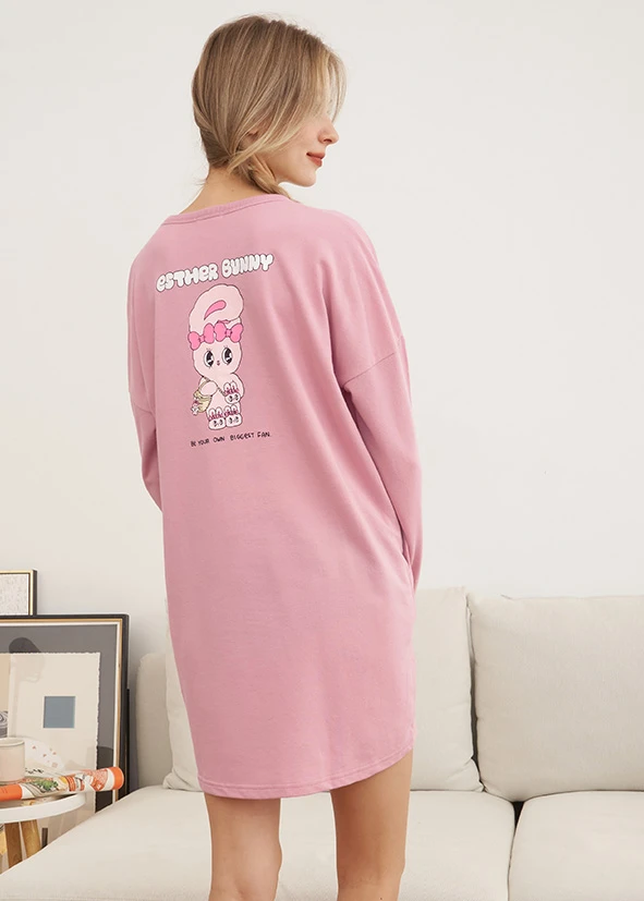 連身_艾絲樂小兔系列．落肩口長袖袋睡衣(微風粉-Fans)