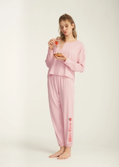 成套_Hello Kitty系列．圓領長版長袖睡衣(熊熊粉-蘋果 & Kitty)