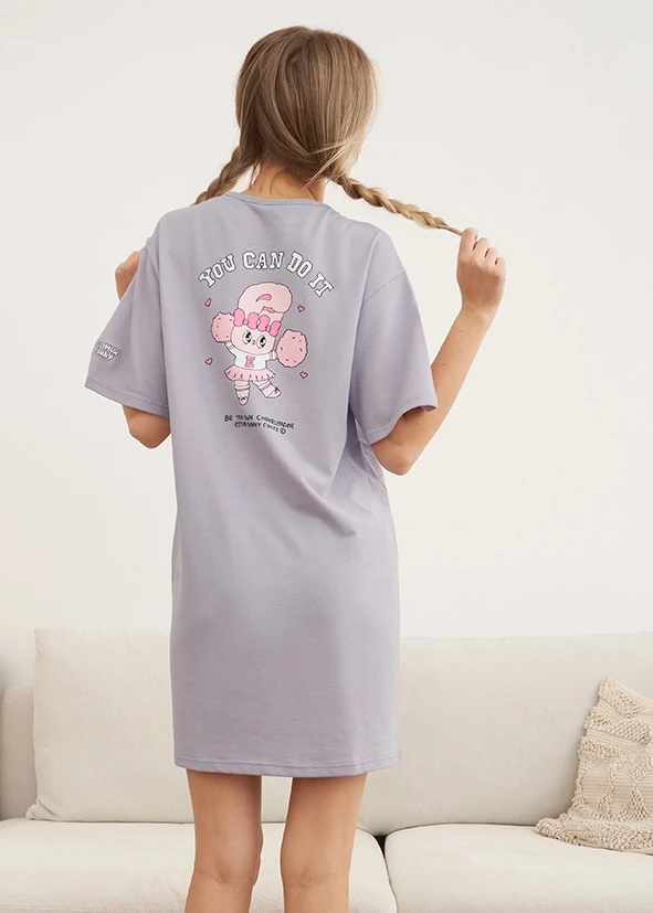 連身_艾絲樂小兔系列．五分袖圓領口袋睡衣(泡泡紫-加油)