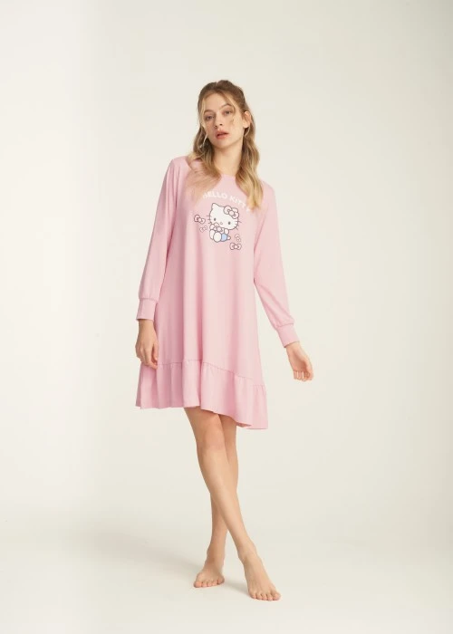 連身_Hello Kitty系列．裙片抽皺長袖睡衣(熊熊粉-喜歡蝴蝶結)
