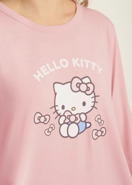 連身_Hello Kitty系列．裙片抽皺長袖睡衣（熊熊粉-喜歡蝴蝶結）