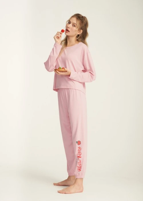 成套_Hello Kitty系列．圓領長版長袖睡衣(熊熊粉-蘋果 & Kitty)
