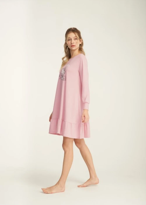 連身_Hello Kitty系列．裙片抽皺長袖睡衣(熊熊粉-喜歡蝴蝶結)