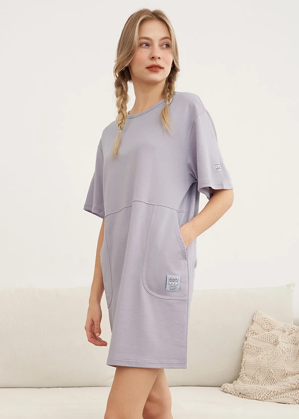 連身_艾絲樂小兔系列．五分袖圓領口袋睡衣(泡泡紫-加油)