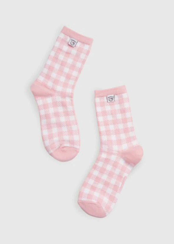 Hello Kitty系列．緹花中筒襪（白-粉格Kitty牛奶夾標）