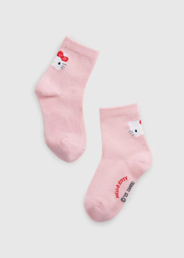 兒童_Hello Kitty系列．緹花中筒襪（熊熊粉-Kitty趴著）