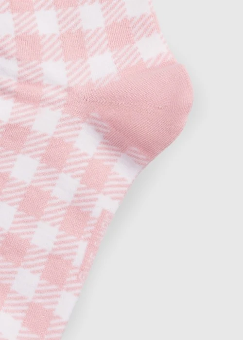 Hello Kitty系列．緹花中筒襪(白-粉格Kitty牛奶夾標)