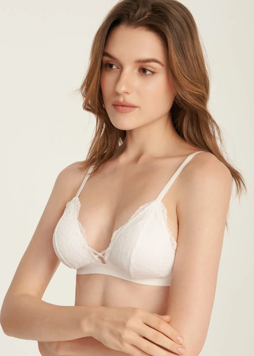 Mythic Aurora．三角杯蕾絲交叉美胸緊帶 Bra Top(米白)
