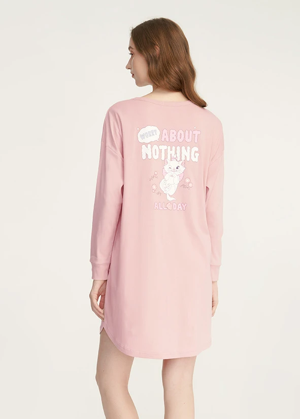 連身_迪士尼貓狗系列．純棉落肩居家長袖睡衣（芭蕾粉-瑪麗貓）