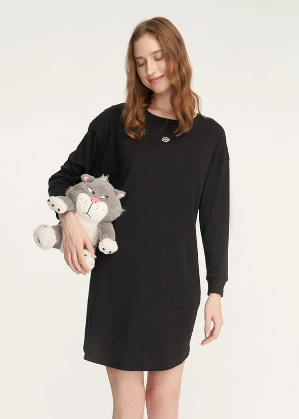 連身_迪士尼貓狗系列．純棉落肩居家長袖睡衣(芭蕾粉-瑪麗貓)