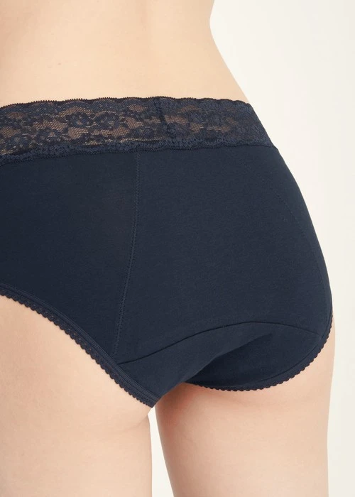 Classic．High Rise Cotton Lace Waist Period Brief Panty(Total Eclipse)