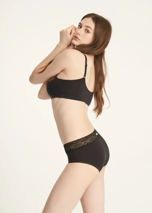 XXL Classic．High Rise Cotton V Lace Waist Brief Panty（Black）