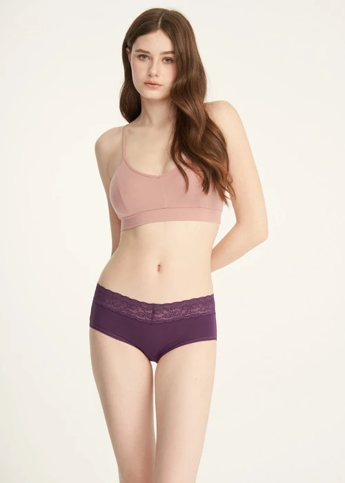 Classic．High Rise Cotton V Lace Waist Brief Panty(Total Eclipse)
