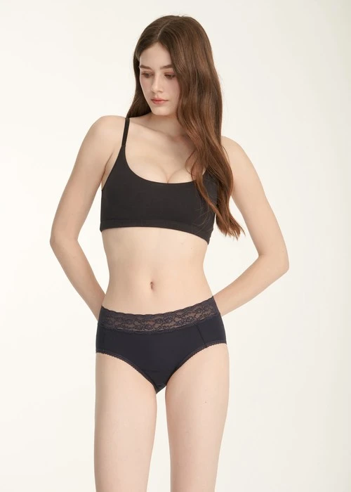 Classic．High Rise Cotton Lace Waist Period Brief Panty(Total Eclipse)