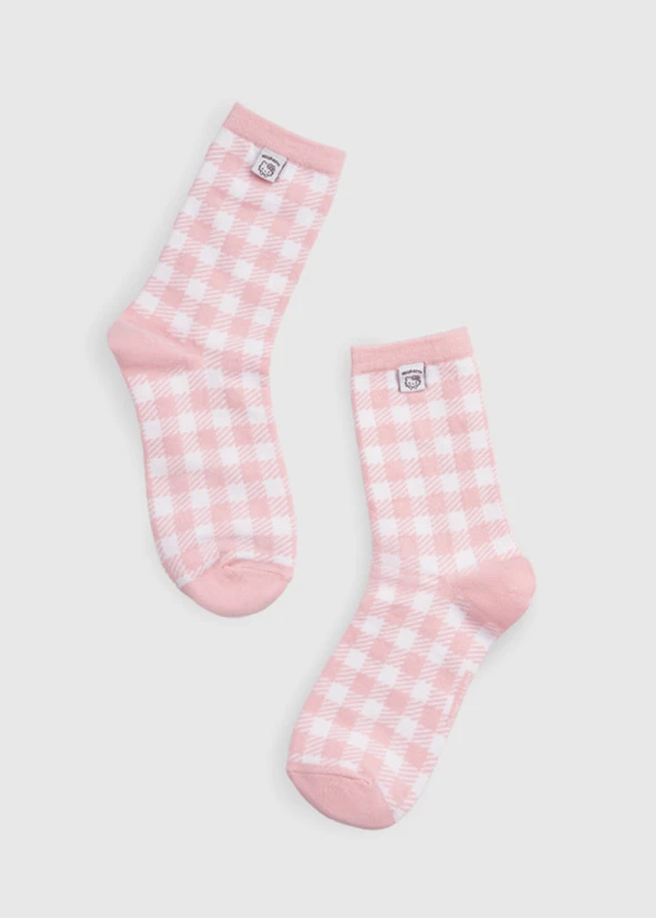 Hello Kitty系列．緹花中筒襪（白-粉格Kitty牛奶夾標）